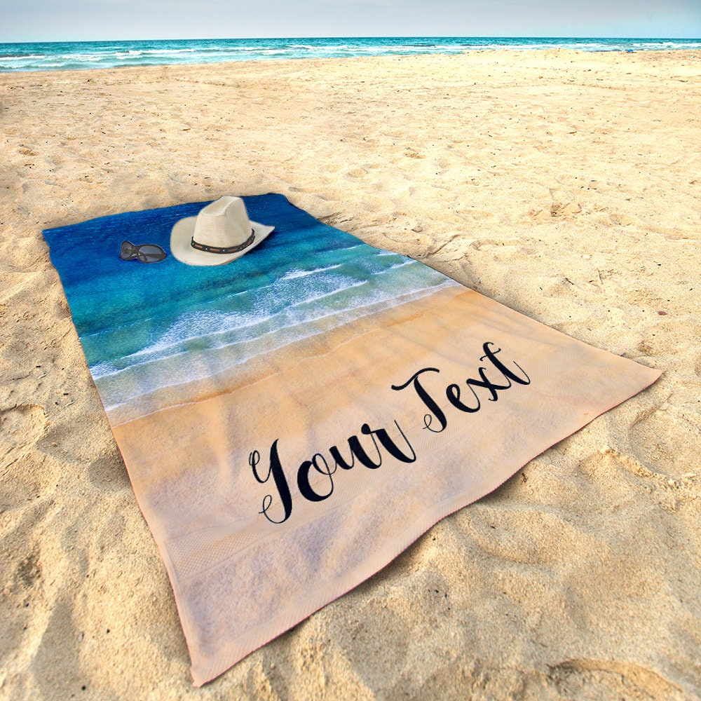 Custom Beach Towel Summer Pool Parties  - Personalized Name On Bath Towel Perfect Birthday Gift Vacation Towel Bachelorette Ocean Waves