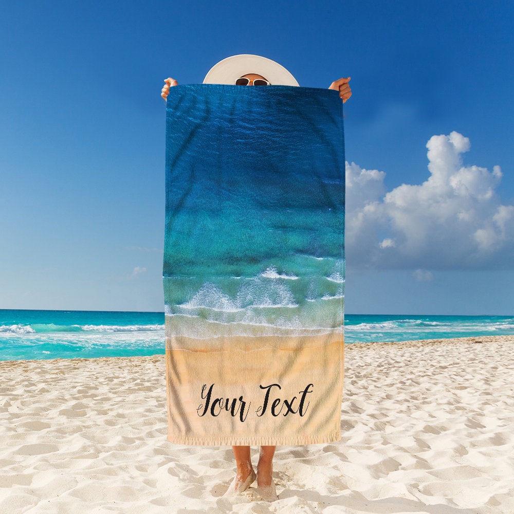 Custom Beach Towel Summer Pool Parties  - Personalized Name On Bath Towel Perfect Birthday Gift Vacation Towel Bachelorette Ocean Waves