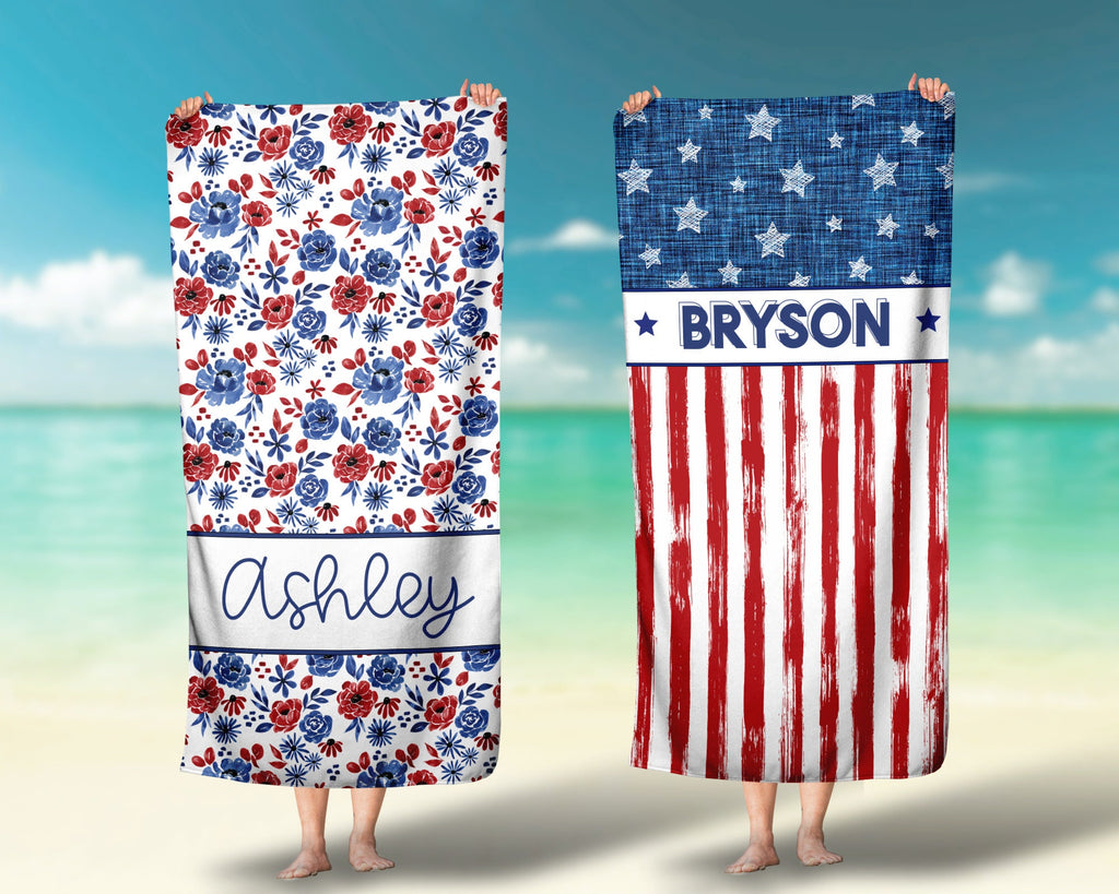 Personalized 4th Of July Beach Towel: Kids Red White Blue Pool Towel