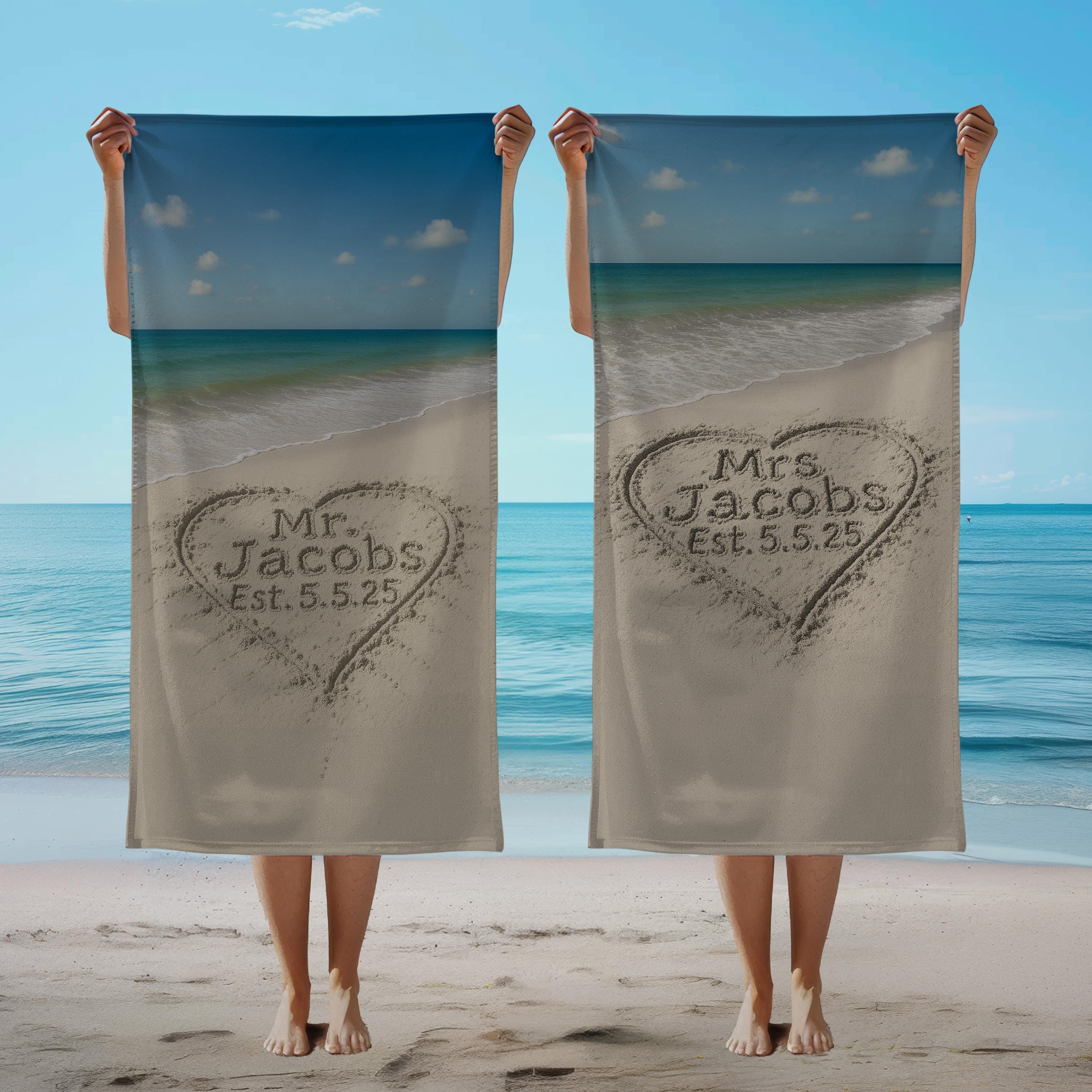 Personalized Mr And Mrs Beach Towel, Custom Honeymoon Towel,  Wifey & Hubby Newlywed Gift, Custom Honeymoon Gifts - Set Of Two Towels