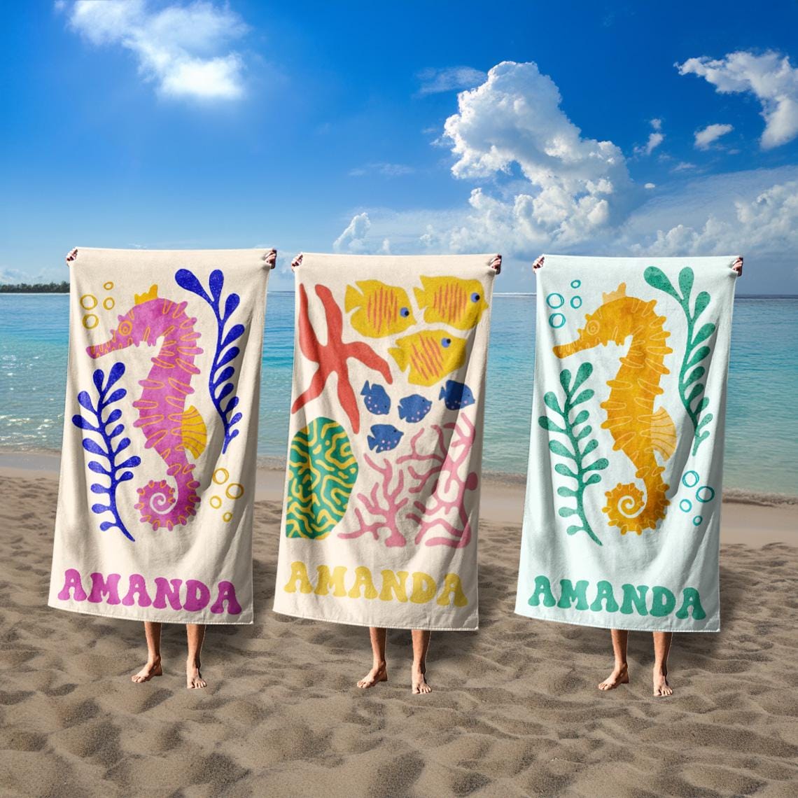 Marine Animal Personalized Beach Towel, Custom Name Towel For Baby/kids, Preppy Girls Pool Towel, Kids Xmas Gift, Beach Party Essentials