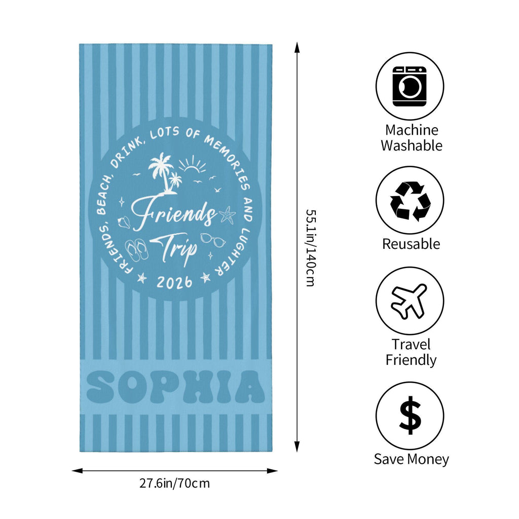 Personalized Friends Trip Beach Towel,custom Name & Year Beach Towel,striped Beach Towel, Girls Trip Gift,summer Beach Vacation Gift