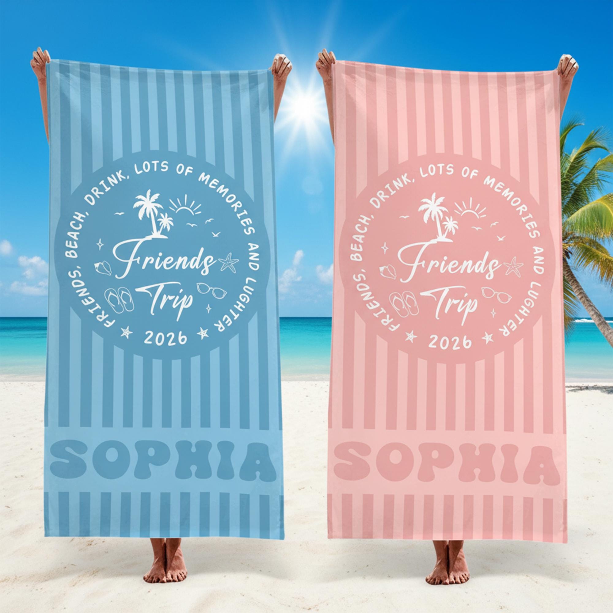 Personalized Friends Trip Beach Towel,custom Name & Year Beach Towel,striped Beach Towel, Girls Trip Gift,summer Beach Vacation Gift