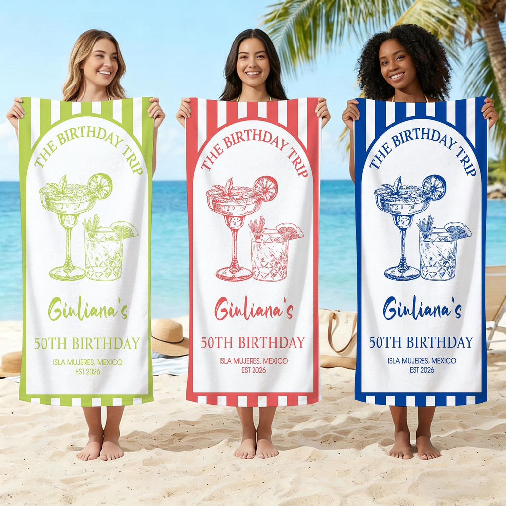 Custom Birthday Club Striped Beach Towel: Beach Towel For Girl, Personalized Pool Towel, Birthday Party Towel,beach Towel With Location Name