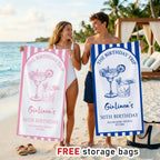 Custom Birthday Club Striped Beach Towel: Beach Towel For Girl, Personalized Pool Towel, Birthday Party Towel,beach Towel With Location Name