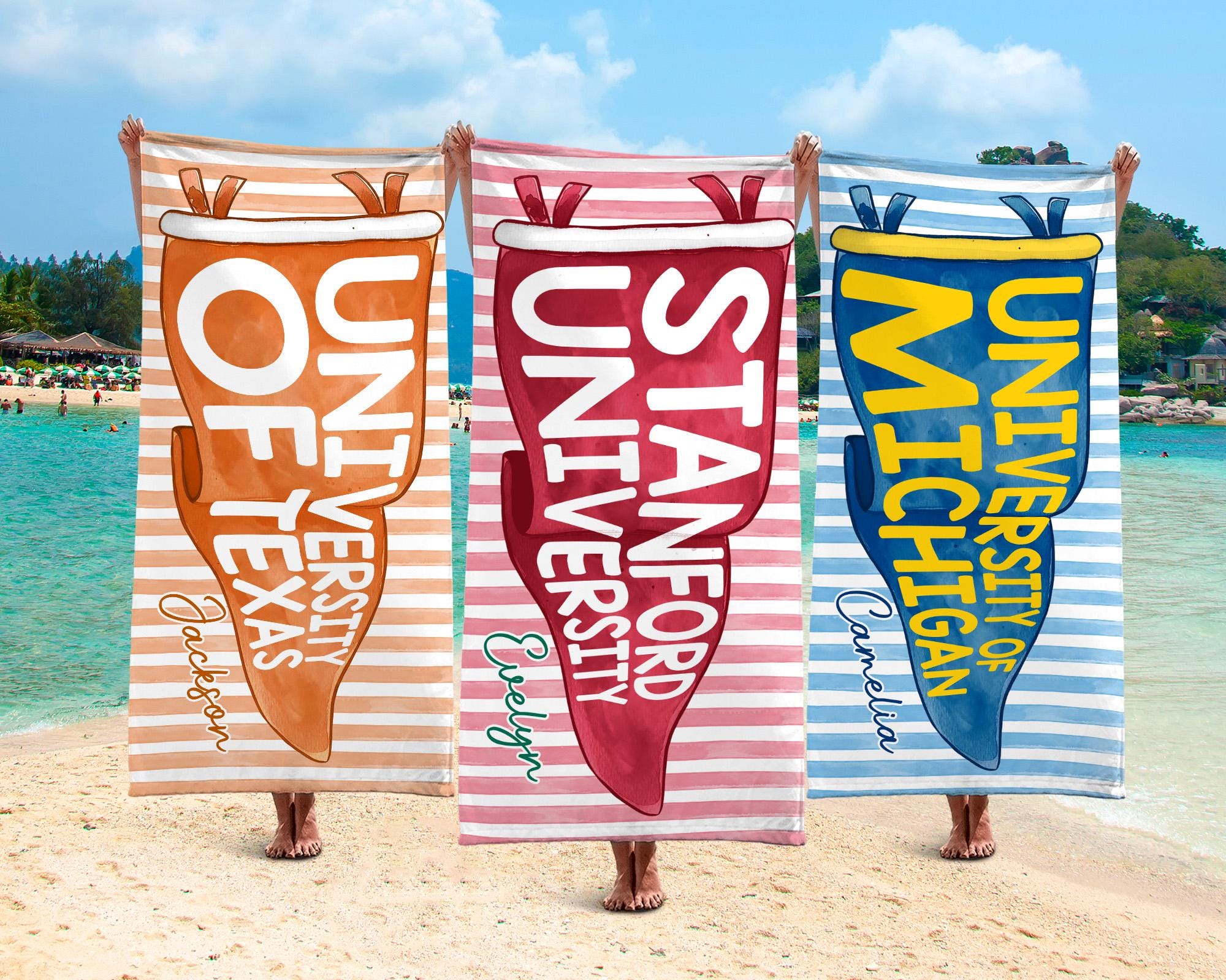 Personalized College Pennant Beach Towel, School Banner School Spirit Beach Towel, High School Graduation Gift, University Graduation Gift