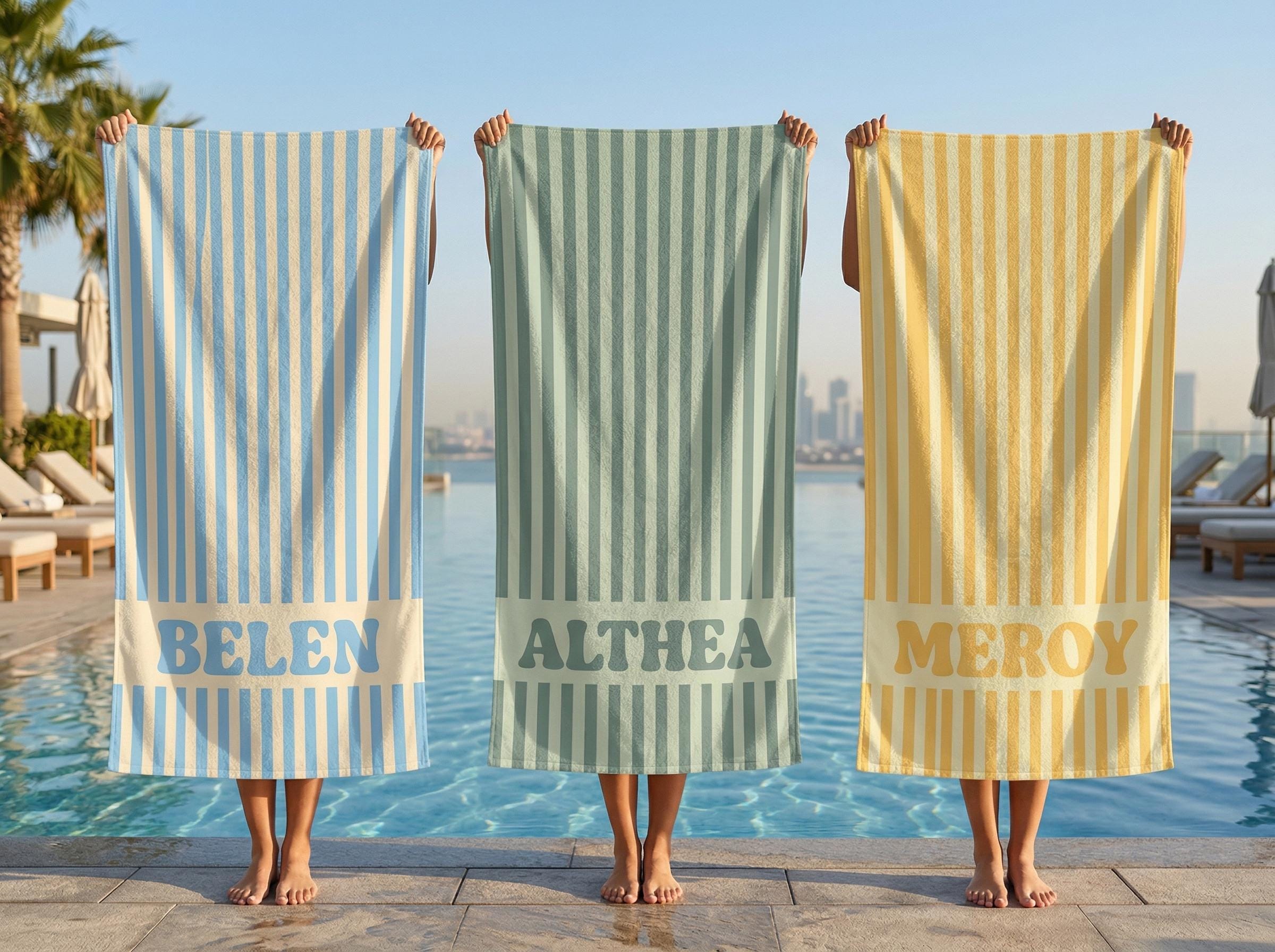 Personalized Beach Towel, Custom Name Pool Towel, Striped Cabana Towel, Bridesmaid Gift, Girls Trip Towel, Kids Beach Towel