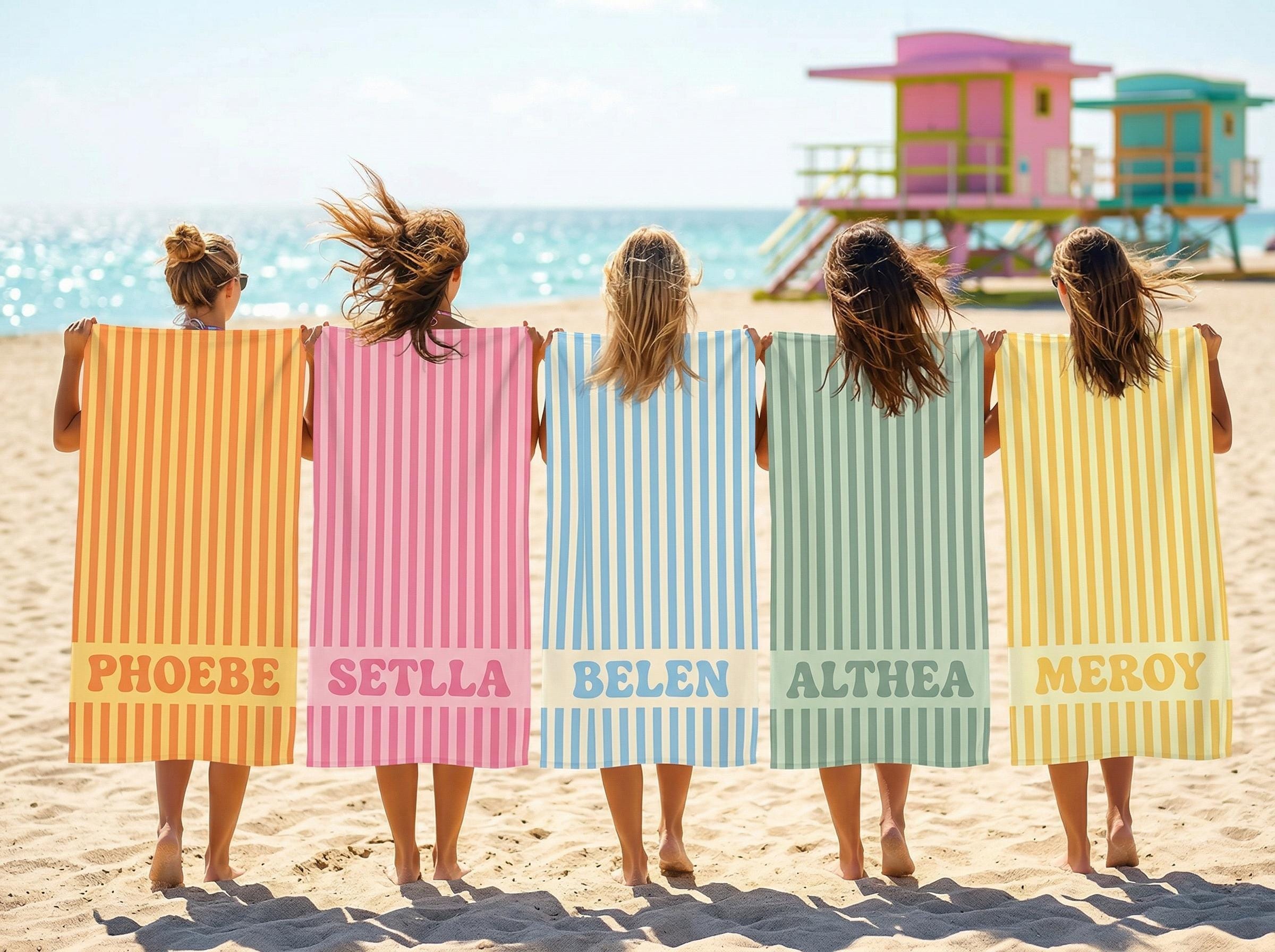 Personalized Beach Towel, Custom Name Pool Towel, Striped Cabana Towel, Bridesmaid Gift, Girls Trip Towel, Kids Beach Towel