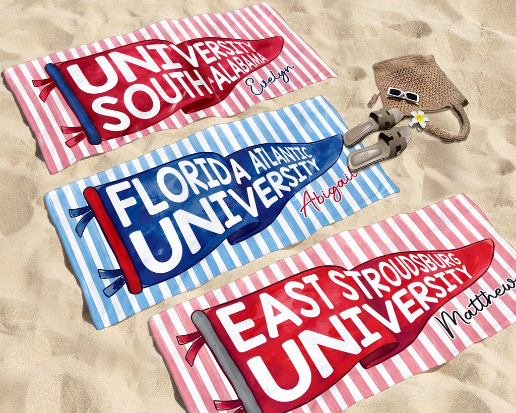 Personalized College Pennant Beach Towel, School Banner School Spirit Beach Towel, High School Graduation Gift, University Graduation Gift