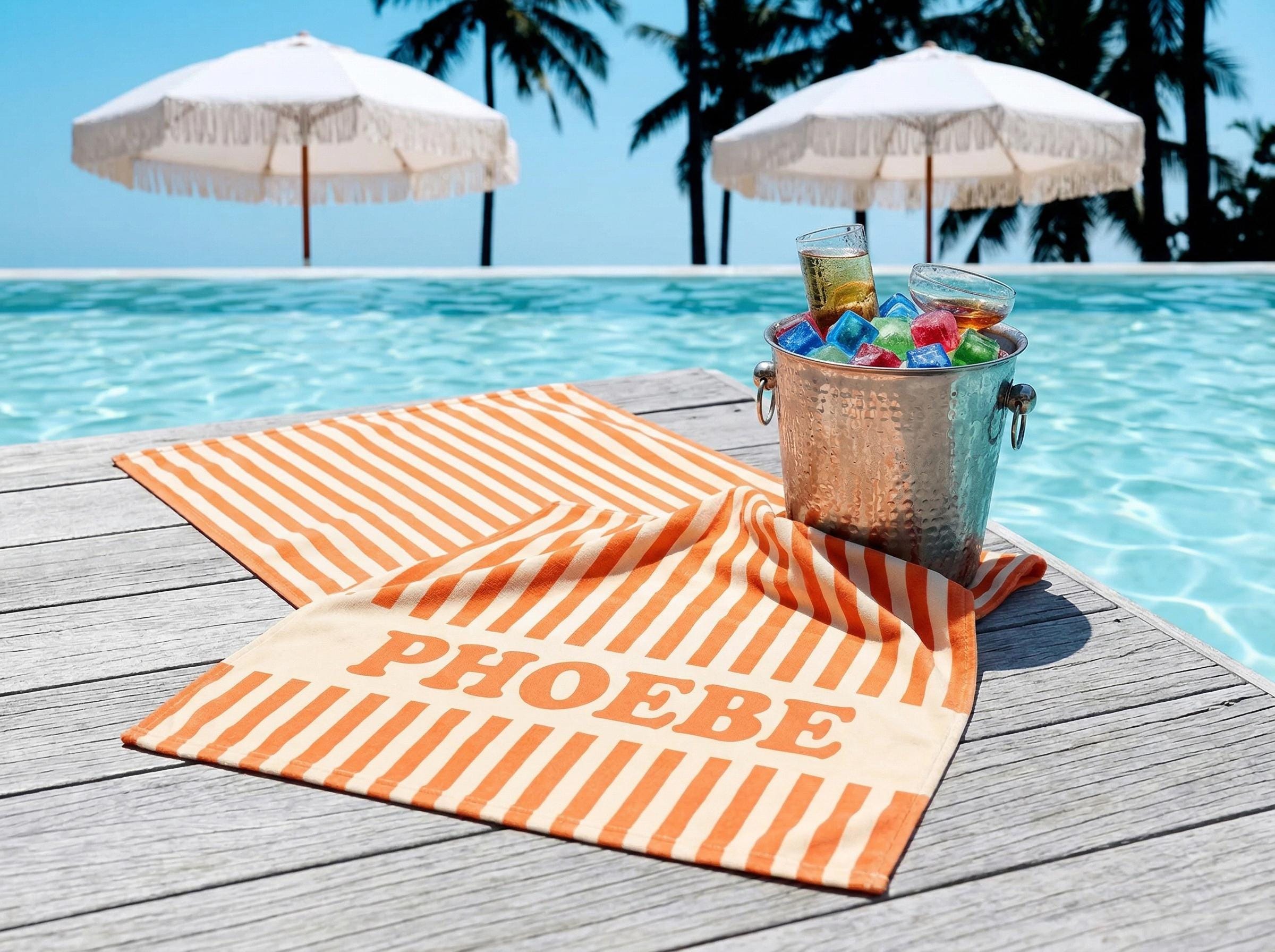Personalized Beach Towel, Custom Name Pool Towel, Striped Cabana Towel, Bridesmaid Gift, Girls Trip Towel, Kids Beach Towel