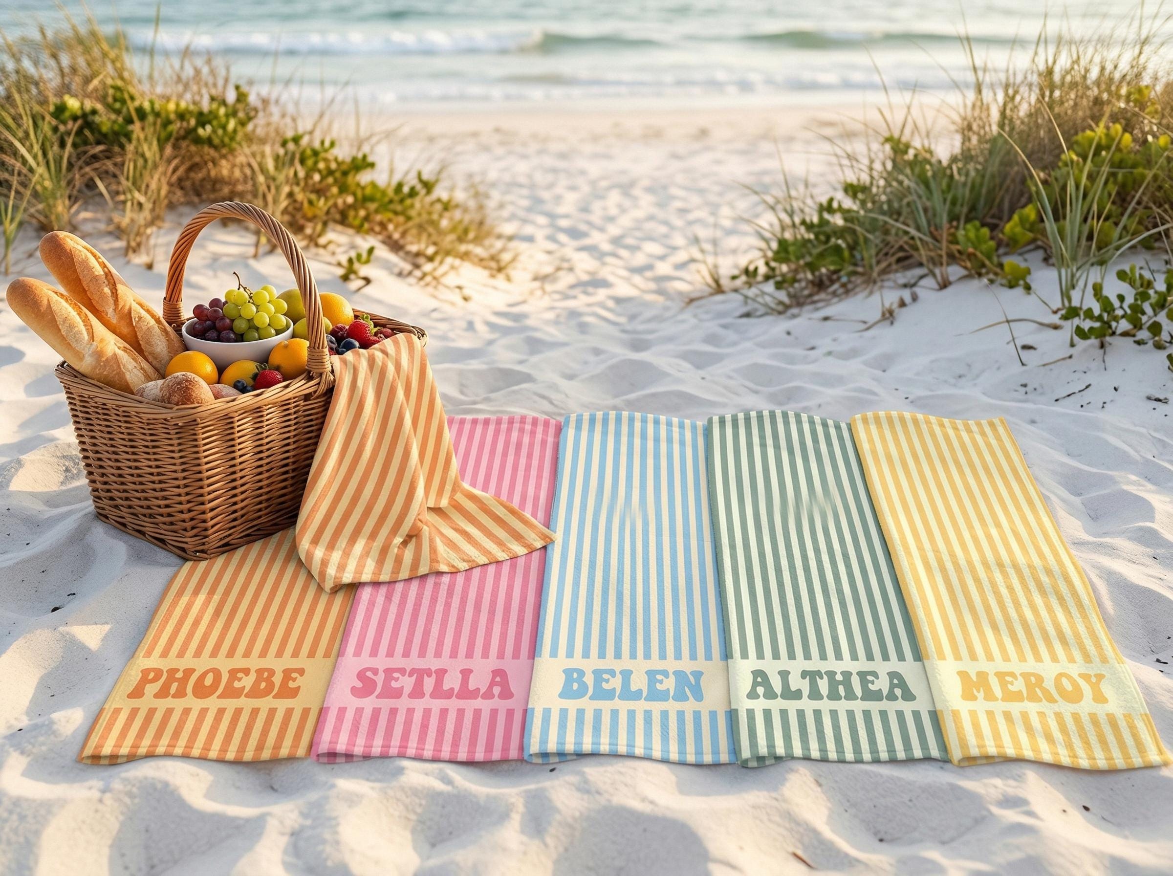 Personalized Beach Towel, Custom Name Pool Towel, Striped Cabana Towel, Bridesmaid Gift, Girls Trip Towel, Kids Beach Towel