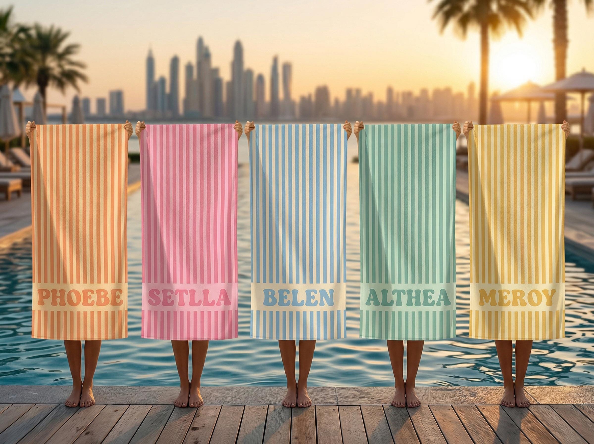 Personalized Beach Towel, Custom Name Pool Towel, Striped Cabana Towel, Bridesmaid Gift, Girls Trip Towel, Kids Beach Towel